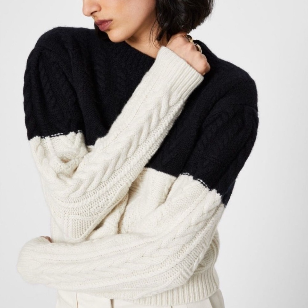 Club Monaco Structured Cable Crew Knit Sweater Black White Wool Size Small